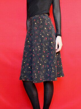 Vintage 90s Black Floral Silk High Waisted Button A-Line Skirt, Size Petite 4